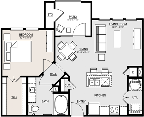 Floor plan for 1 bed, 1 bath, 731 sqft